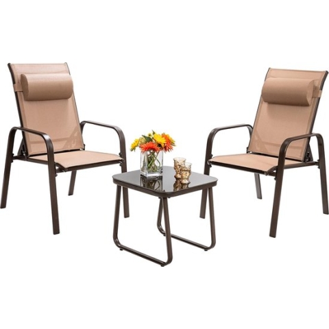 3-delige bistroset balkonset, salontafel van gehard glas & 2 stapelbare stoelen met verstelbare rugleuning en hoofdsteun, tuinset, tuinmeubelen, zitgroep (bruin)