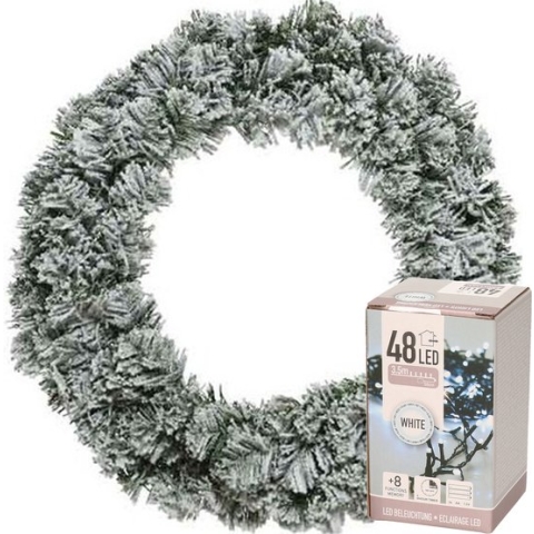 Decoris Kerstkrans - groen met sneeuw - D40 cm - incl. verlichting helder wit