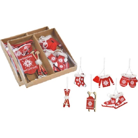 12x stuks houten kersthangers rood/wit wintersport thema kerstboomversiering - Kerstversiering kerstornamenten