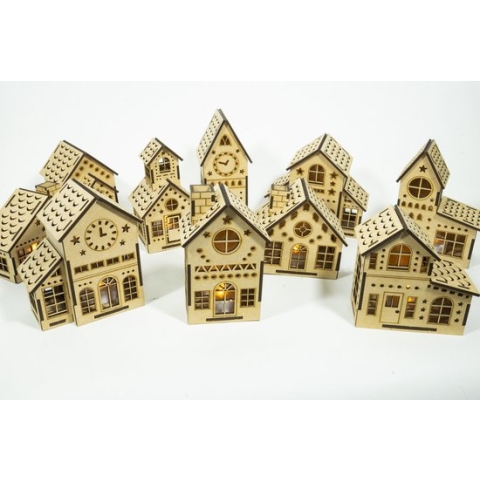 Houten Kerstdorp • Set 4 - Kersthuis Nr.1 tot en met Nr. 10 • Bouwpakket • Bouw je eigen Kerstdorp