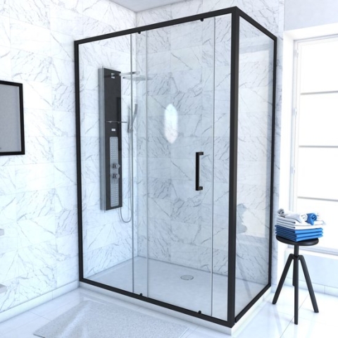 Aurlane douchedeur met schuifdeur + zijwand 140x200cm + 90x200cm - matzwarte aluminium structuur - 5mm dik glas - CRUSH 140-90