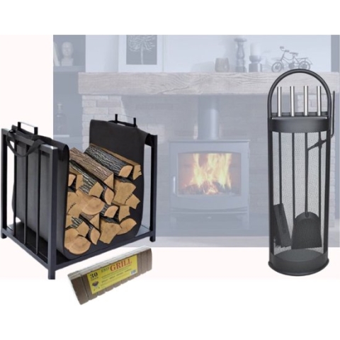 OpenHaard Set / Haardstel voor Houtkachel bestaande uit Houtmand met Uitneembare Hoes voor Haardhout & Kachelhout + 5 Delige set met Haard & Kachel Accessoires Tang Pook Schep Borstel in Stabiele Standaard - Nu met 30 Aanmaakblokjes - Haard Vuurkorf
