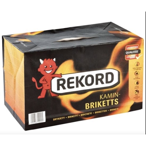 REKORD bruinkoolbriketten in verpakking van 2 x 10 kg.