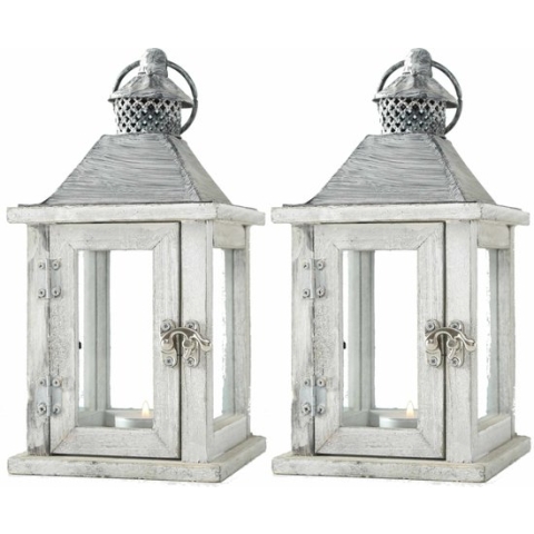 2x Houten windlicht/lantaarn kaarsenhouders wit 13 x 25 cm- Landelijke woonstijl - Woonaccessoires/woondecoraties