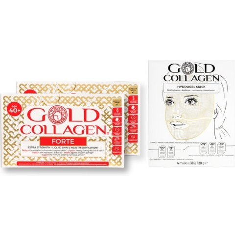 Gold Collagen Forte 40+ en GRATIS Hydrogel Mask : Maandkuur (3 dozen x 10 flesjes x 50ml) + 1 doos Hydrogel Mask (4 maskers) GRATIS