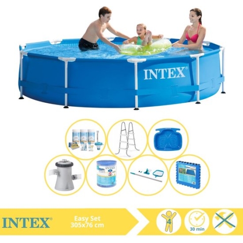 Intex Metal Frame Zwembad - Opzetzwembad - 305x76 cm - Inclusief Onderhoudspakket, Zwembadpomp, Filter, Onderhoudsset, Trap, Voetenbad en Zwembadtegels