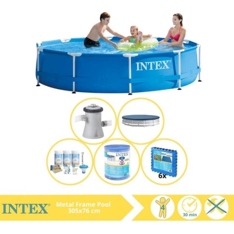Intex Metal Frame Zwembad - Opzetzwembad - 305x76 cm - Inclusief Afdekzeil, Onderhoudspakket, Filter en Zwembadtegels