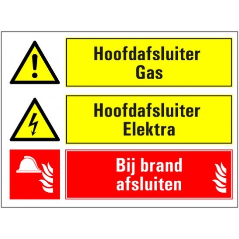 Hoofdafsluiters elektra en gas afsluiten bij brand bord 600 x 450 mm - dibond met boorgaten