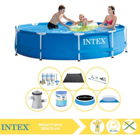 Intex Metal Frame Zwembad - Opzetzwembad - 305x76 cm - Inclusief Solarzeil Pro, Onderhoudspakket, Filter, Grondzeil, Stofzuiger en Solar Mat