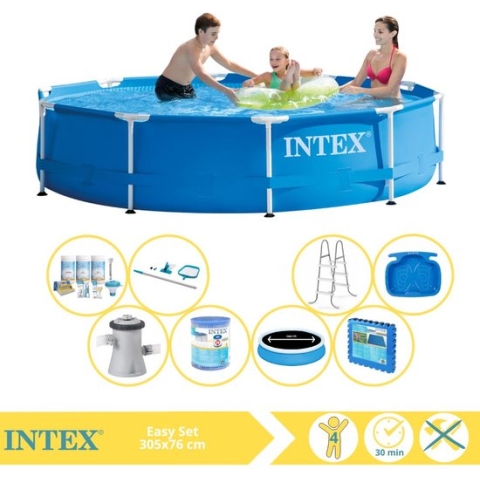 Intex Metal Frame Zwembad - Opzetzwembad - 305x76 cm - Inclusief Solarzeil Pro, Onderhoudspakket, Zwembadpomp, Filter, Onderhoudsset, Trap, Voetenbad en Zwembadtegels
