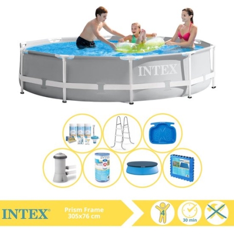 Intex Prism Frame Zwembad - Opzetzwembad - 305x76 cm - Inclusief Onderhoudspakket, Filter, Trap, Voetenbad en Zwembadtegels