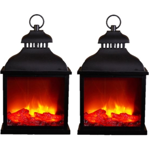 2x stuks sfeerhaarden/open haard lantaarn zwart met led verlichting L25 x B15 x H42,5 cm