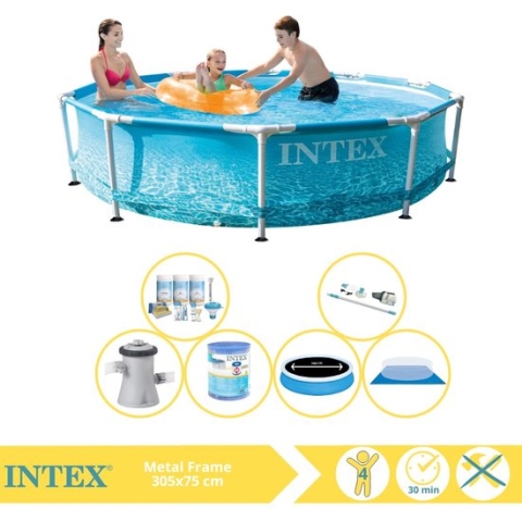 Intex Metal Frame Zwembad - Opzetzwembad - 305x76 cm - Inclusief Solarzeil Pro, Onderhoudspakket, Zwembadpomp, Filter, Grondzeil en Stofzuiger