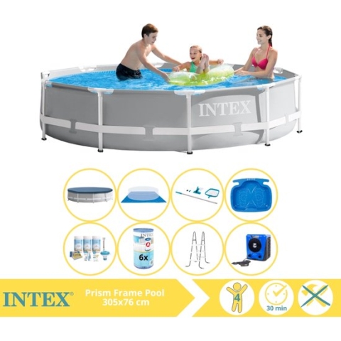 Intex Prism Frame Zwembad - Opzetzwembad - 305x76 cm - Inclusief Afdekzeil, Onderhoudspakket, Filter, Grondzeil, Onderhoudsset, Trap, Voetenbad en Warmtepomp HS