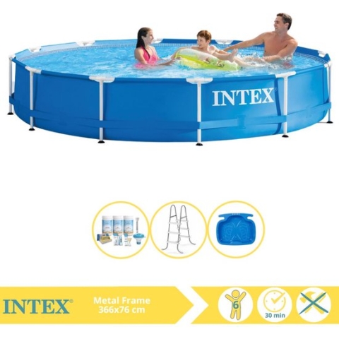 Intex Metal Frame Zwembad - Opzetzwembad - 366x76 cm - Inclusief Onderhoudspakket, Trap en Voetenbad