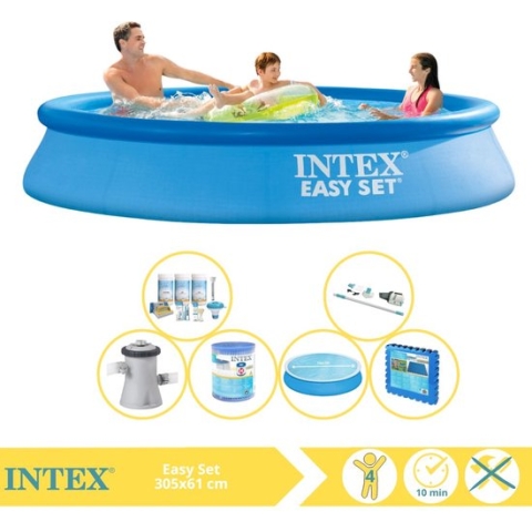 Intex Easy Set Zwembad - Opblaaszwembad - 305x61 cm - Inclusief Solarzeil, Onderhoudspakket, Zwembadpomp, Filter, Stofzuiger en Zwembadtegels