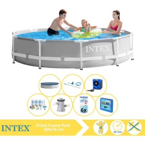 Intex Prism Frame Zwembad - Opzetzwembad - 305x76 cm - Inclusief Solarzeil, Onderhoudspakket, Zwembadpomp, Filter, Onderhoudsset, Zwembadtegels en Warmtepomp HS