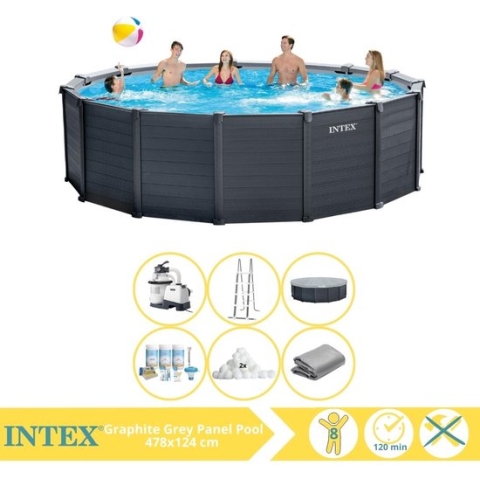Intex Graphite Gray Panel Zwembad - Opzetzwembad - 478x124 cm - Inclusief Onderhoudspakket en Filterbollen