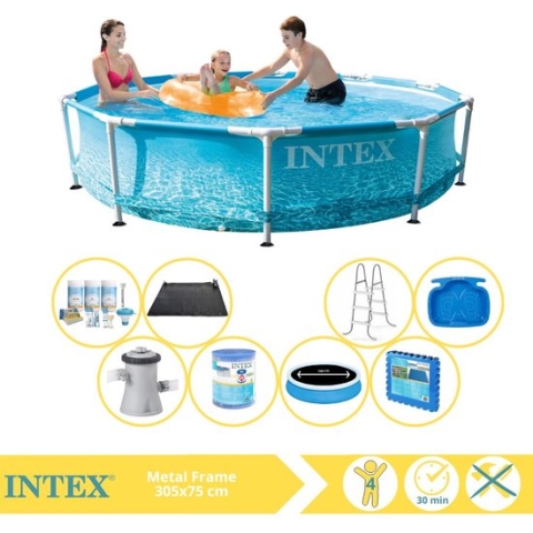 Intex Metal Frame Zwembad - Opzetzwembad - 305x76 cm - Inclusief Solarzeil Pro, Onderhoudspakket, Zwembadpomp, Filter, Solar Mat, Trap, Voetenbad en Zwembadtegels