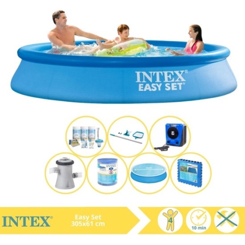Intex Easy Set Zwembad - Opblaaszwembad - 305x61 cm - Inclusief Solarzeil, Onderhoudspakket, Zwembadpomp, Filter, Onderhoudsset, Zwembadtegels en Warmtepomp HS