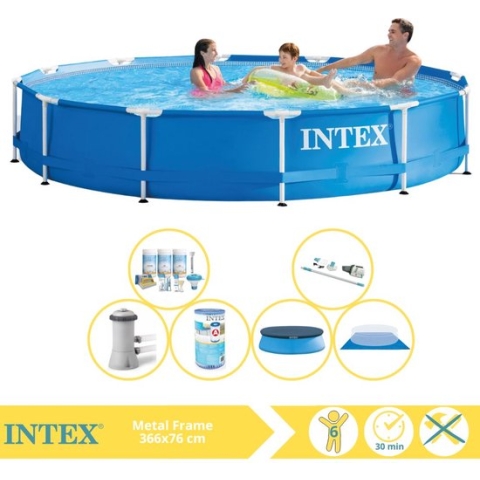Intex Metal Frame Zwembad - Opzetzwembad - 366x76 cm - Inclusief Afdekzeil, Onderhoudspakket, Zwembadpomp, Filter, Grondzeil en Stofzuiger