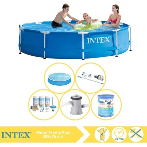 Intex Metal Frame Zwembad - Opzetzwembad - 305x76 cm - Inclusief Solarzeil, Onderhoudspakket, Zwembadpomp, Filter en Stofzuiger