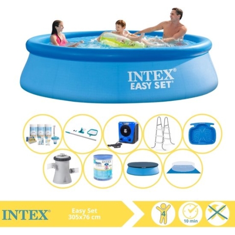 Intex Easy Set Zwembad - Opblaaszwembad - 305x76 cm - Inclusief Afdekzeil, Onderhoudspakket, Zwembadpomp, Filter, Grondzeil, Onderhoudsset, Trap, Voetenbad en Warmtepomp HS