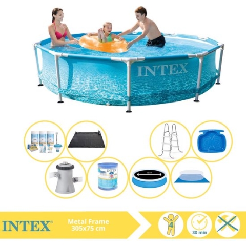 Intex Beachside Metal Frame Zwembad - Opzetzwembad - 305x76 cm - Inclusief Solarzeil Pro, Onderhoudspakket, Filter, Grondzeil, Solar Mat, Trap en Voetenbad