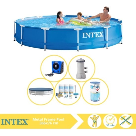 Intex Metal Frame Zwembad - Opzetzwembad - 366x76 cm - Inclusief Afdekzeil, Onderhoudspakket, Filter en Warmtepomp HS