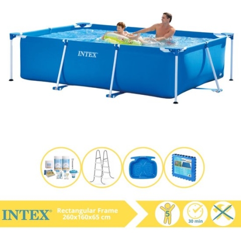 Intex Rectangular Frame Zwembad - Opzetzwembad - 260x160x65 cm - Inclusief Onderhoudspakket, Trap, Voetenbad en Zwembadtegels