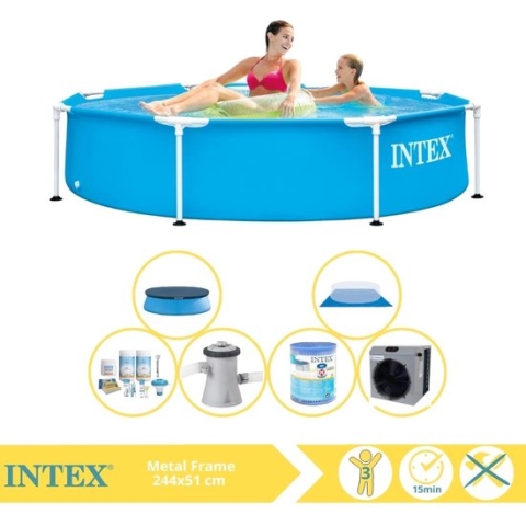 Intex Metal Frame Zwembad - Opzetzwembad - 244x51 cm - Inclusief Afdekzeil, Onderhoudspakket, Zwembadpomp, Filter, Grondzeil en Warmtepomp CP