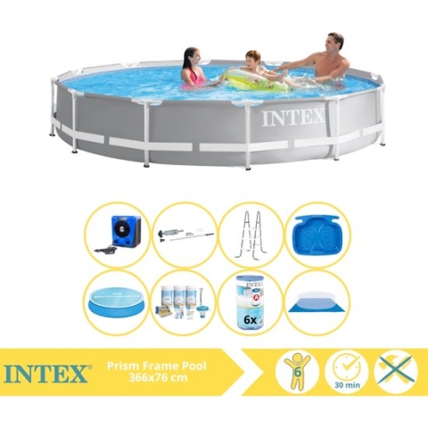 Intex Prism Frame Zwembad - Opzetzwembad - 366x76 cm - Inclusief Solarzeil, Onderhoudspakket, Filter, Grondzeil, Stofzuiger, Trap, Voetenbad en Warmtepomp HS