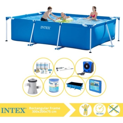 Intex Rectangular Frame Zwembad - Opzetzwembad - 300x200x75 cm - Inclusief Solarzeil Pro, Onderhoudspakket, Zwembadpomp, Filter, Stofzuiger, Zwembadtegels en Warmtepomp HS