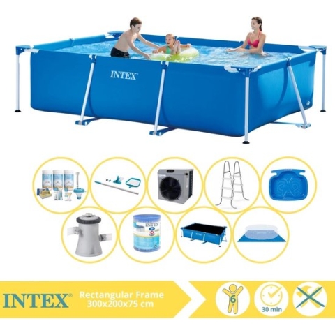 Intex Rectangular Frame Zwembad - Opzetzwembad - 300x200x75 cm - Inclusief Solarzeil Pro, Onderhoudspakket, Zwembadpomp, Filter, Grondzeil, Onderhoudsset, Trap, Voetenbad en Warmtepomp CP