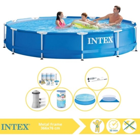Intex Metal Frame Zwembad - Opzetzwembad - 366x76 cm - Inclusief Solarzeil, Onderhoudspakket, Zwembadpomp, Filter, Grondzeil en Stofzuiger
