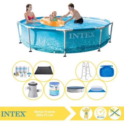 Intex Beachside Metal Frame Zwembad - Opzetzwembad - 305x76 cm - Inclusief Afdekzeil, Onderhoudspakket, Filter, Grondzeil, Solar Mat, Trap en Voetenbad
