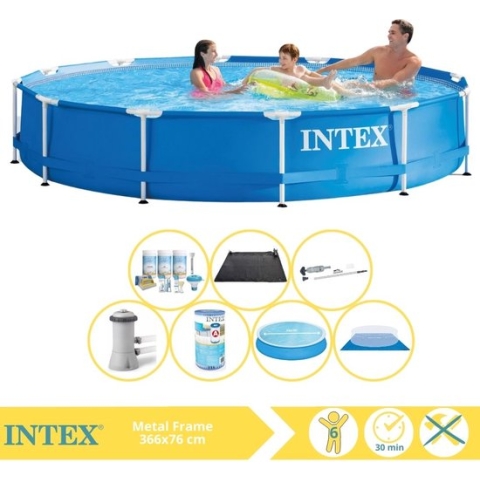 Intex Metal Frame Zwembad - Opzetzwembad - 366x76 cm - Inclusief Solarzeil, Onderhoudspakket, Zwembadpomp, Filter, Grondzeil, Stofzuiger en Solar Mat