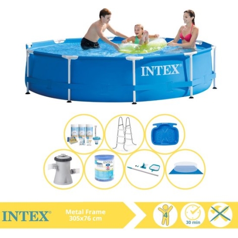 Intex Metal Frame Zwembad - Opzetzwembad - 305x76 cm - Inclusief Onderhoudspakket, Filter, Grondzeil, Onderhoudsset, Trap en Voetenbad