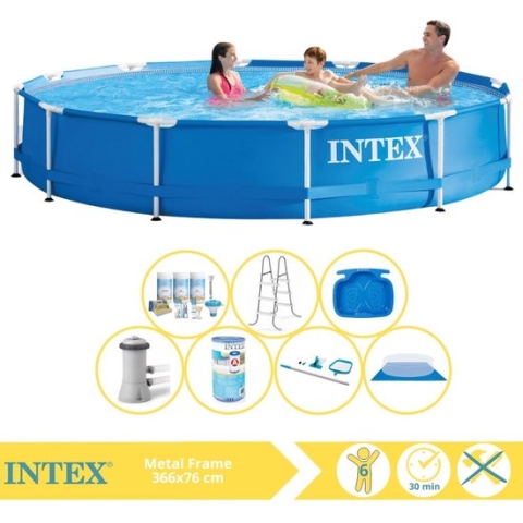 Intex Metal Frame Zwembad - Opzetzwembad - 366x76 cm - Inclusief Onderhoudspakket, Zwembadpomp, Filter, Grondzeil, Onderhoudsset, Trap en Voetenbad