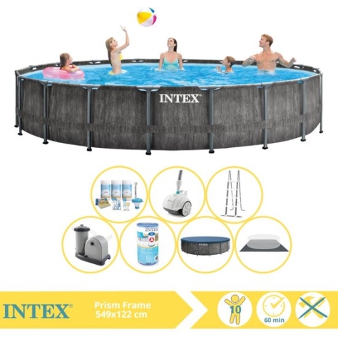 Intex Prism Frame Greywood Zwembad - Opzetzwembad - 549x122 cm - Inclusief Onderhoudspakket, Filter en Zwembad Stofzuiger