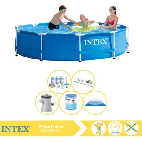 Intex Metal Frame Zwembad - Opzetzwembad - 305x76 cm - Inclusief Onderhoudspakket, Filter, Grondzeil en Stofzuiger