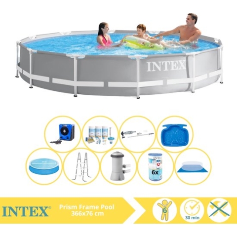 Intex Prism Frame Zwembad - Opzetzwembad - 366x76 cm - Inclusief Solarzeil, Onderhoudspakket, Zwembadpomp, Filter, Grondzeil, Stofzuiger, Trap, Voetenbad en Warmtepomp HS