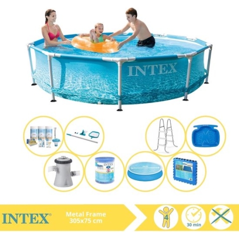 Intex Metal Frame Zwembad - Opzetzwembad - 305x76 cm - Inclusief Solarzeil, Onderhoudspakket, Zwembadpomp, Filter, Onderhoudsset, Trap, Voetenbad en Zwembadtegels