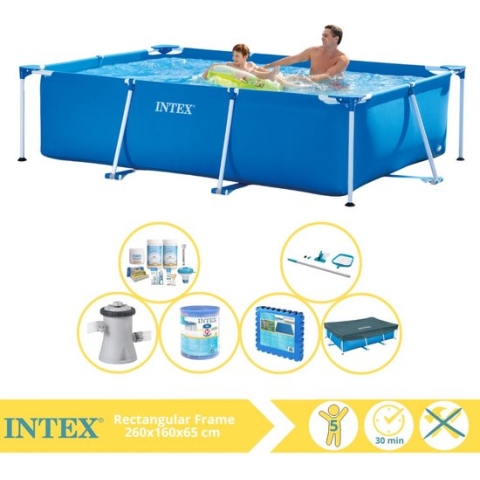 Intex Rectangular Frame Zwembad - Opzetzwembad - 260x160x65 cm - Inclusief Afdekzeil, Onderhoudspakket, Zwembadpomp, Filter, Onderhoudsset en Zwembadtegels