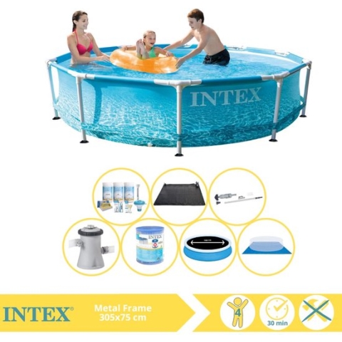 Intex Beachside Metal Frame Zwembad - Opzetzwembad - 305x76 cm - Inclusief Solarzeil Pro, Onderhoudspakket, Filter, Grondzeil, Stofzuiger en Solar Mat