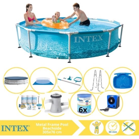 Intex Metal Frame Zwembad - Opzetzwembad - 305x76 cm - Inclusief Afdekzeil, Onderhoudspakket, Zwembadpomp, Filter, Grondzeil, Onderhoudsset, Trap, Voetenbad en Warmtepomp HS