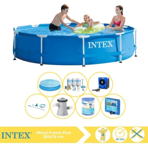 Intex Metal Frame Zwembad - Opzetzwembad - 305x76 cm - Inclusief Solarzeil, Onderhoudspakket, Zwembadpomp, Filter, Onderhoudsset, Zwembadtegels en Warmtepomp HS