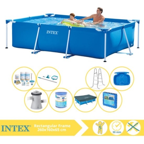 Intex Rectangular Frame Zwembad - Opzetzwembad - 260x160x65 cm - Inclusief Afdekzeil, Onderhoudspakket, Zwembadpomp, Filter, Onderhoudsset, Trap, Voetenbad en Zwembadtegels