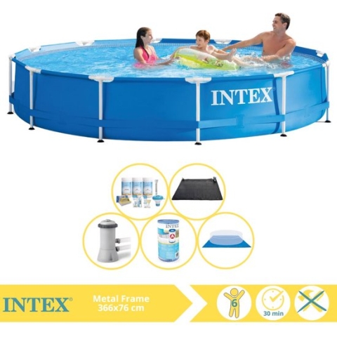 Intex Metal Frame Zwembad - Opzetzwembad - 366x76 cm - Inclusief Onderhoudspakket, Zwembadpomp, Filter, Grondzeil en Solar Mat