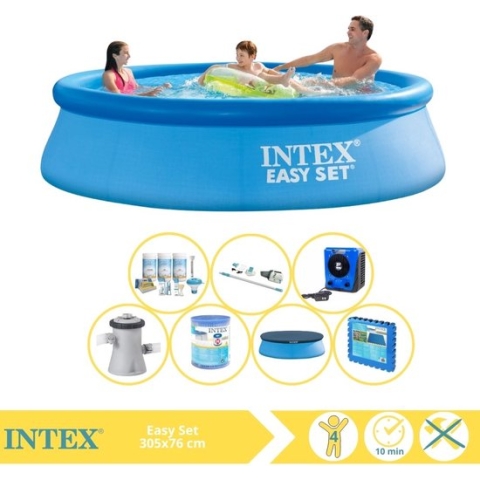 Intex Easy Set Zwembad - Opblaaszwembad - 305x76 cm - Inclusief Solarzeil Pro, Onderhoudspakket, Zwembadpomp, Filter, Stofzuiger, Zwembadtegels en Warmtepomp HS